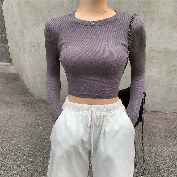 

Women O-neck Cropped T-shirts Girls Full Sleeve Sheath Thin Tshirt Basic Crop Tops For Female GR2100