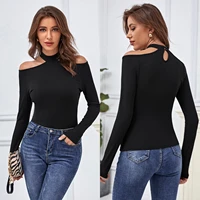 sexy sloping shoulder black off the shoulder top 2021 spring leaking clavicle bottoming shirt women long sleeved t shirt