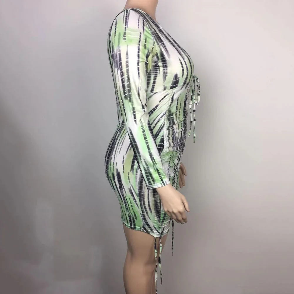 

2021 African Fashion Oversize Casual Western Style Summer New Women's Dress Printing Sexy V-neck Low Cut Long Sleeve