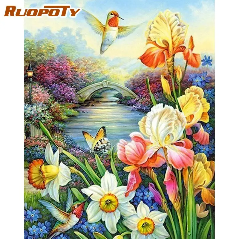 

RUOPOTY Bird On Color Flower Oil Picture By Numbers Kits For Adults Handmade Diy Framed On Canvas Home Decor Acrylic Draw Paint