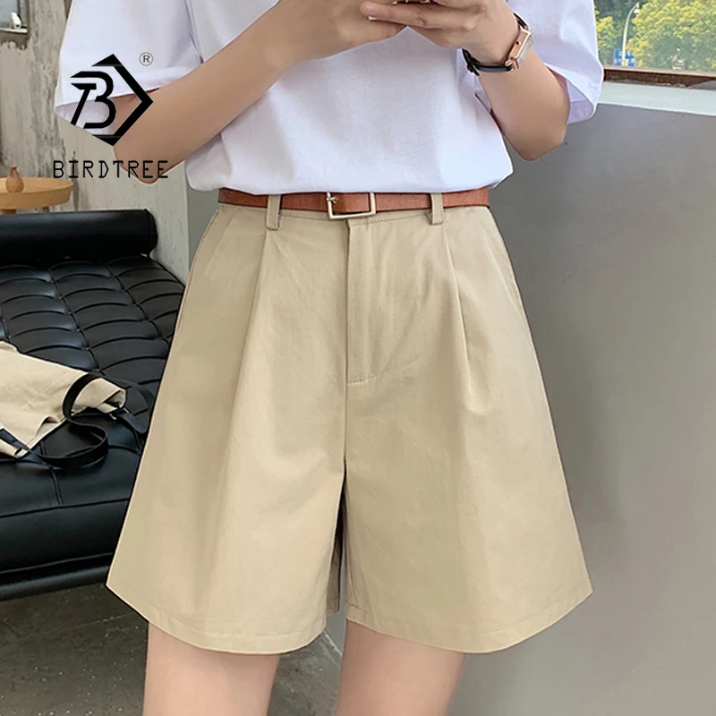 

2021 Summer New Women's Casual Loose Korean Style Cotton Shorts Plus Size Solid High Waist Wide Leg Shorts With Sashes B18431X