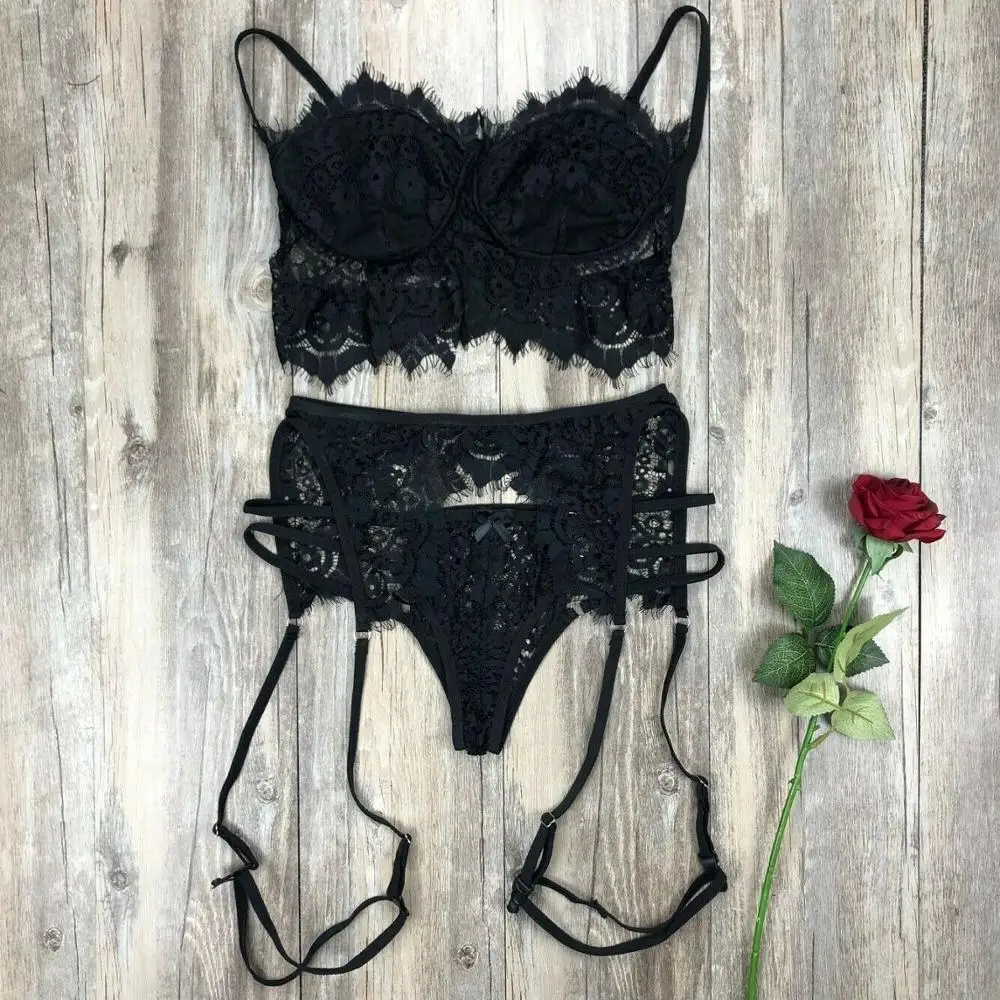 

S-3XL Plus Size Women Sexy Lingerie Lace Babydoll Open Bra lingerie Set G-String Erotic Underwear Nightwear Bra Set