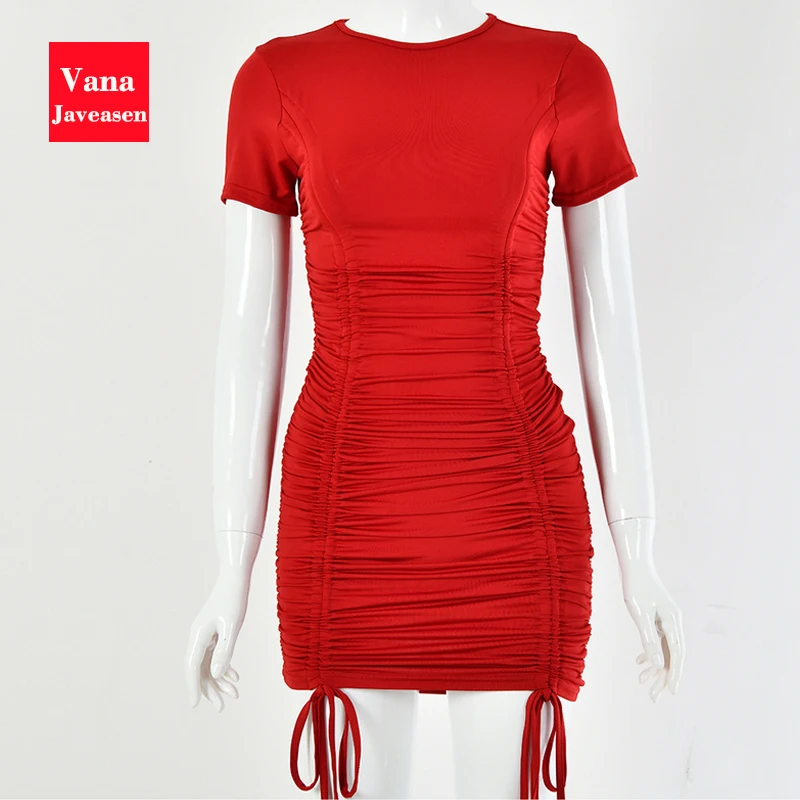 

Casual Pleated Dress Women Clothing Bow Drawstring Mini Dress Woman Summer Elasticity Slim Dress Streetwear Vestidos De Verano