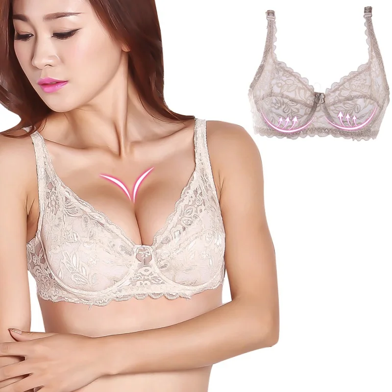 Бюстгальтер женский кружевной с пуш-апом тонкий Бралетт двойным рядом бежевого