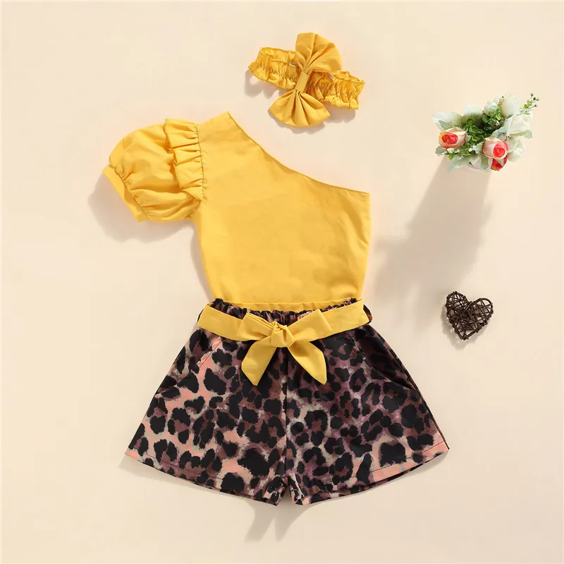 

Baby Slanted Short Sleeves + Shorts + Bow Hair Accessories, Leopard Print Summer Clothing Little Girls Summer Casual Clothing