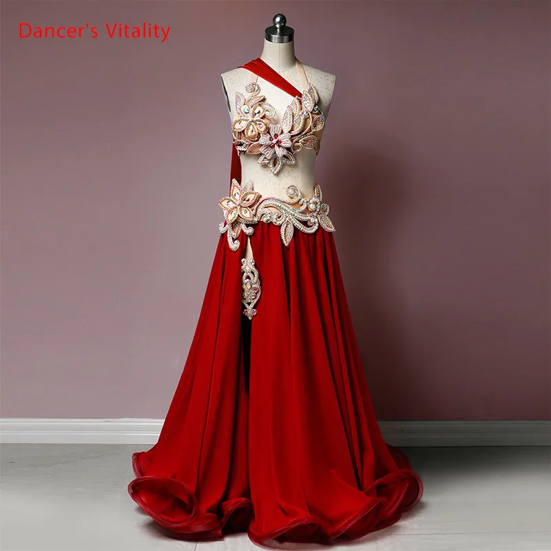 

Belly Dance Competition Outfits Customized Bra with Ribbon Belt Long Skirt Set Oriental Indian Dancers Performance Costume