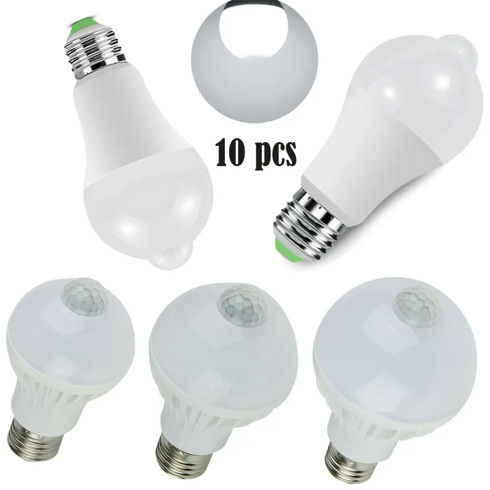 

10 шт. 5 Вт 7 Вт 9 Вт E27 Холодный белый 2835 SMD светодиодный светильник с пассивным ИК датчиком движения круглые лампочки 6500K для лестниц коридора н...