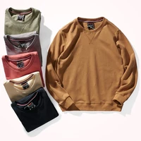new terry sweater pure cotton retro solid color round neck pullover sports knitted long sleeved top for men