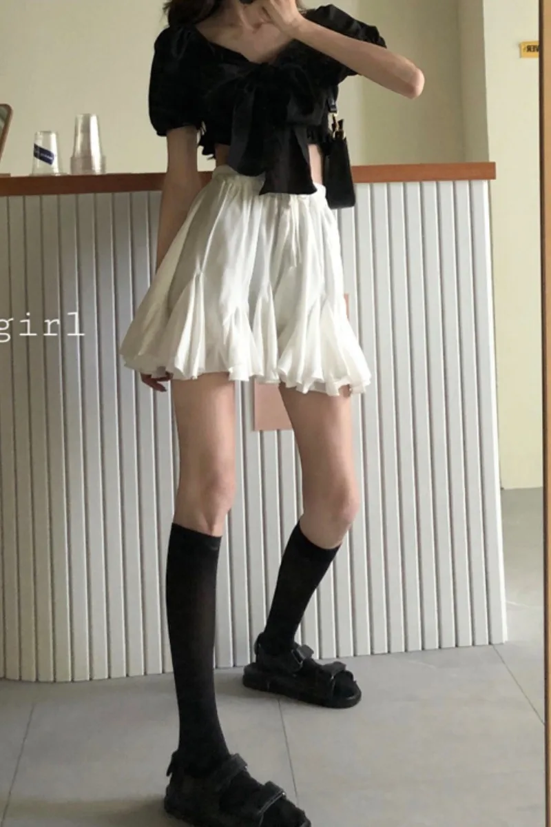

White slim pompous skirt A-line skirt women's short skirt summer Korean pleated skirt high waist skirt bubble skirt