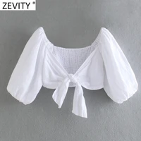 zevity women sexy knotted white linen short smock blouse female retro lantern sleeve shirt roupas chic summer crop tops ls9439