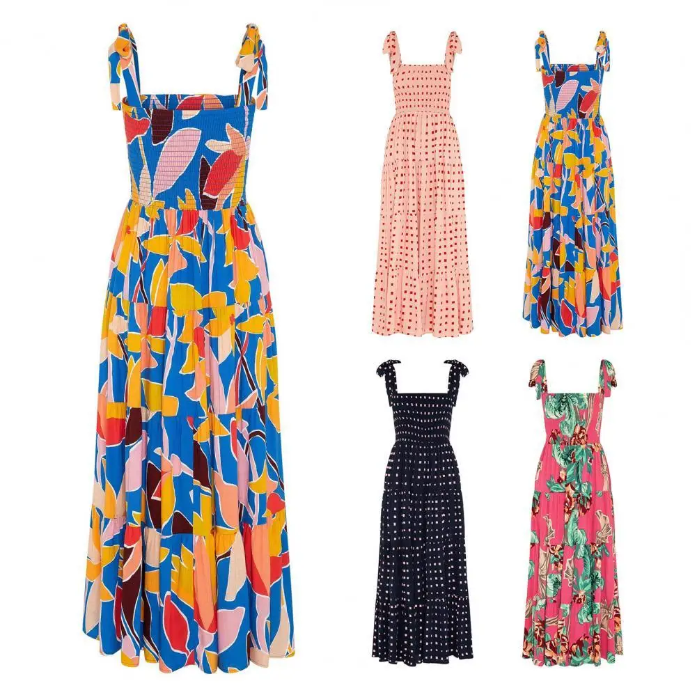 

Женское плиссированное платье миди на бретельках с квадратным вырезом и принтом, пляжная одежда для отдыха