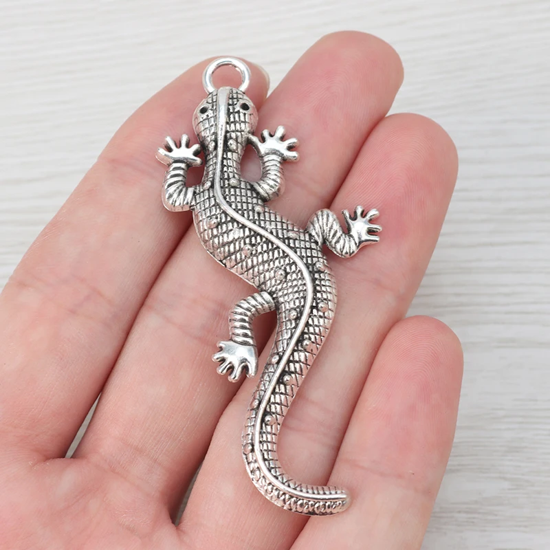 5 x старинное серебро большой Gecko Подвески «ящерица» Кулоны из нержавеющей стали для Цепочки и ожерелья ювелирных изделий, украшения своими руками, 72x31 мм