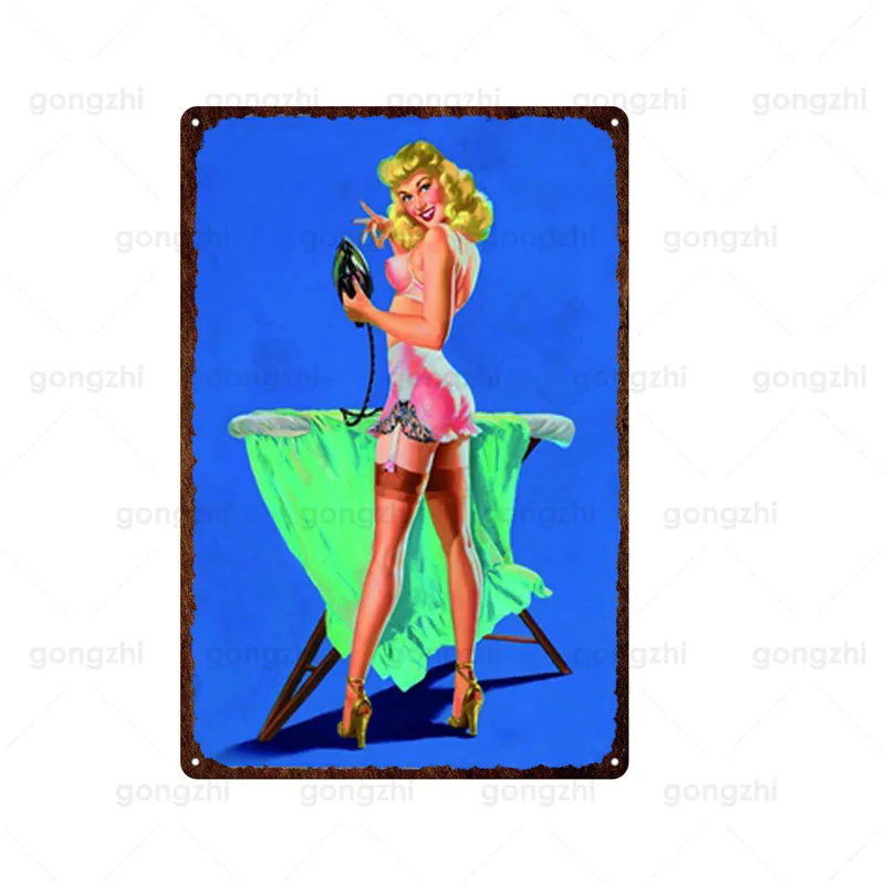 

Sexy Beautiful Elegant Woman Color Vintage Bikini Bar Beach Tin Painting Metal Craft High Quality Anti-fading Plaque Decoration