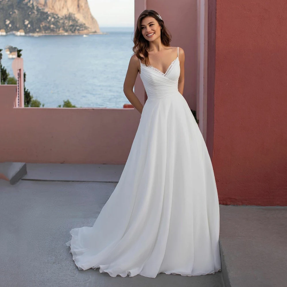 

UZN Elegant Ivory Chiffon Beach Wedding Dress V Neck Spaghetti Straps Bridal Gowns Ivory Brides Dresses Customized