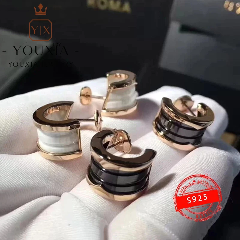 

BVL S925 Sterling Silver Moon Shape Black and White Ceramic Earrings Logo Original Luxury Jewelry Valentine's Day Wedding Gift