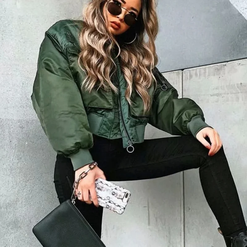 

2021 Stylish Lady Autumn Winter Za Green Short Jackets Women Fashion Long Sleeve Zipper Bomber Jacket Outwear Women's Coat