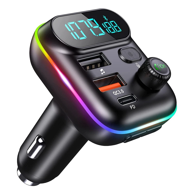 

Bluetooth Car Adapter 38W Type-C PD+QC3.0 Bluetooth FM Transmitter with LED Backlight Wireless MP3 Player Support Mic