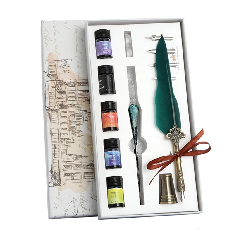

Pen Vintage Feather Dip Writing Ink Pens Set Stationery Gift 5 Color Quill Fountain Set Gift Box Wedding Gift