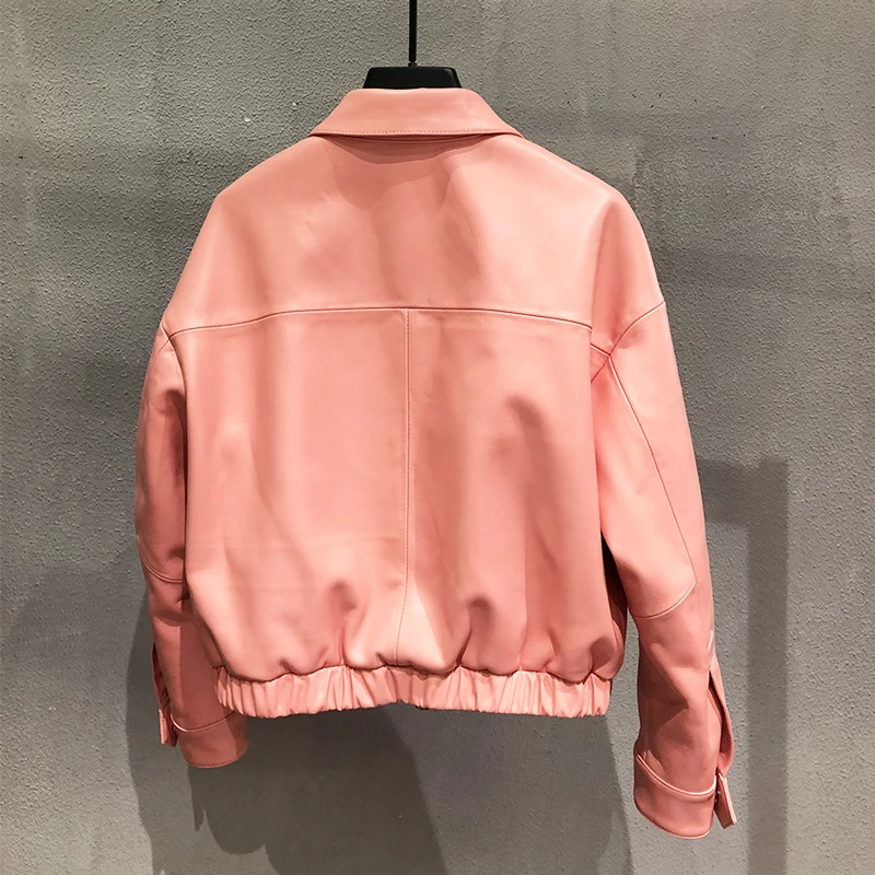 Оранжевое розовое пальто из овчины с отворотом простая кожаная куртка свободный