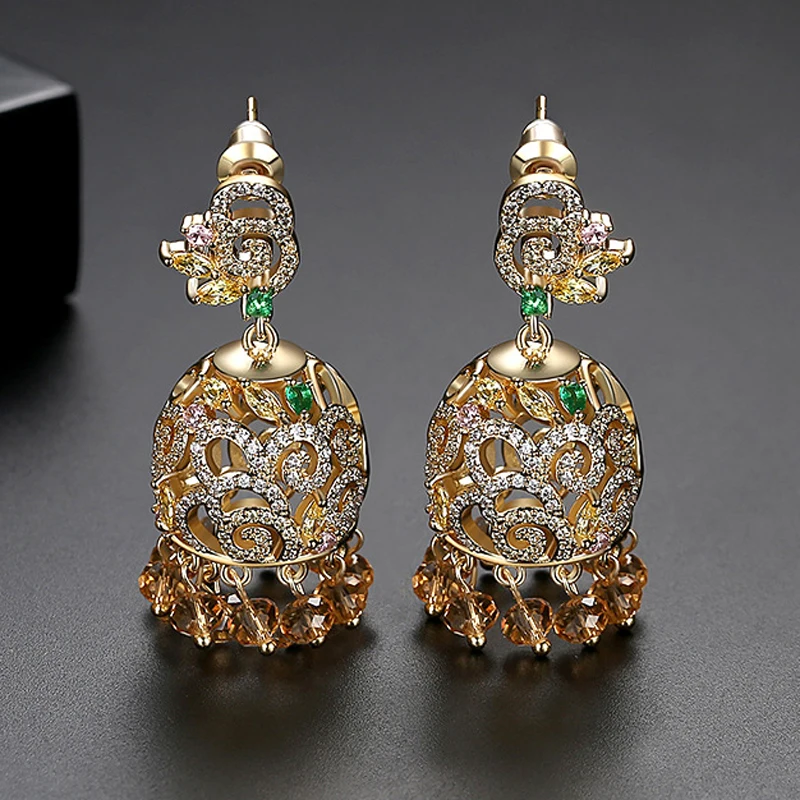 

Роскошные ювелирные изделия Jhumka с кристаллами, циркониевый звонок, Винтажные Ювелирные изделия Jhumki, свисающие индийские серьги, серьги-кис...