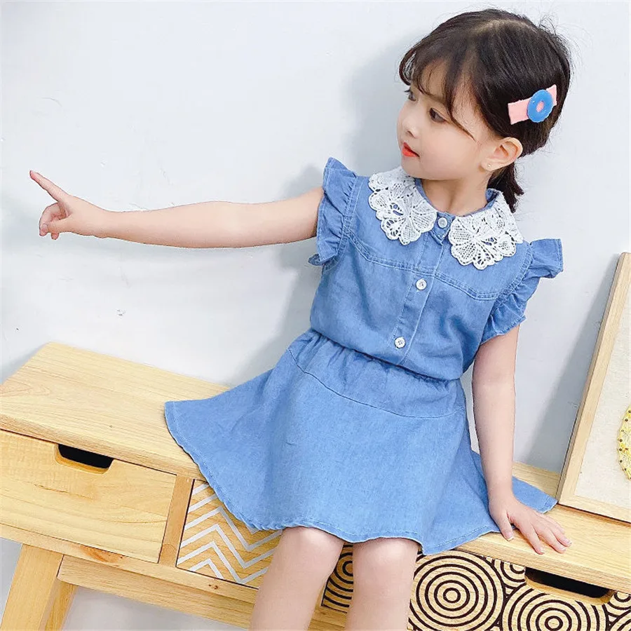 Детский летний комплект из 2 предметов джинсовая футболка и юбка для маленьких