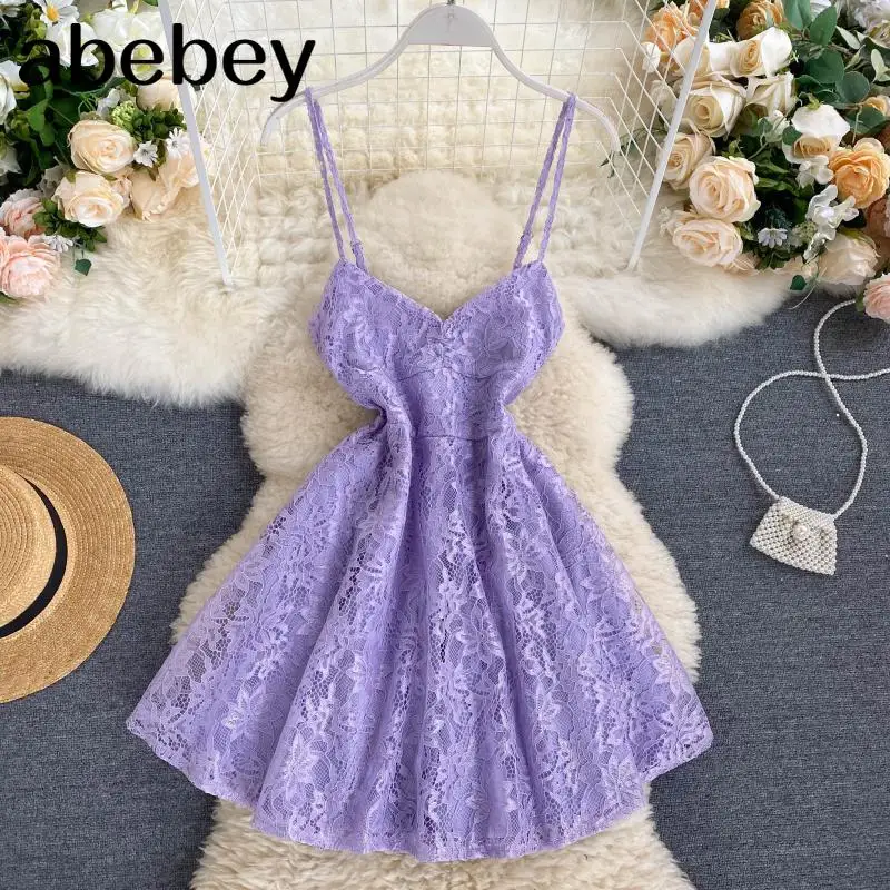 

sexy women lace dress 2022 new spaghetti women backless dresses female purple beach wear dresses v neck short mini dress kleid