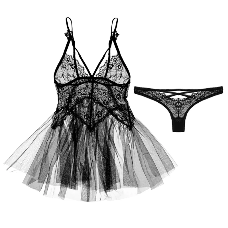 

White Sexy Women's Summer Lace Thin Section See-through Strap Nightgown Hot Hollow Night Dress With T Pants