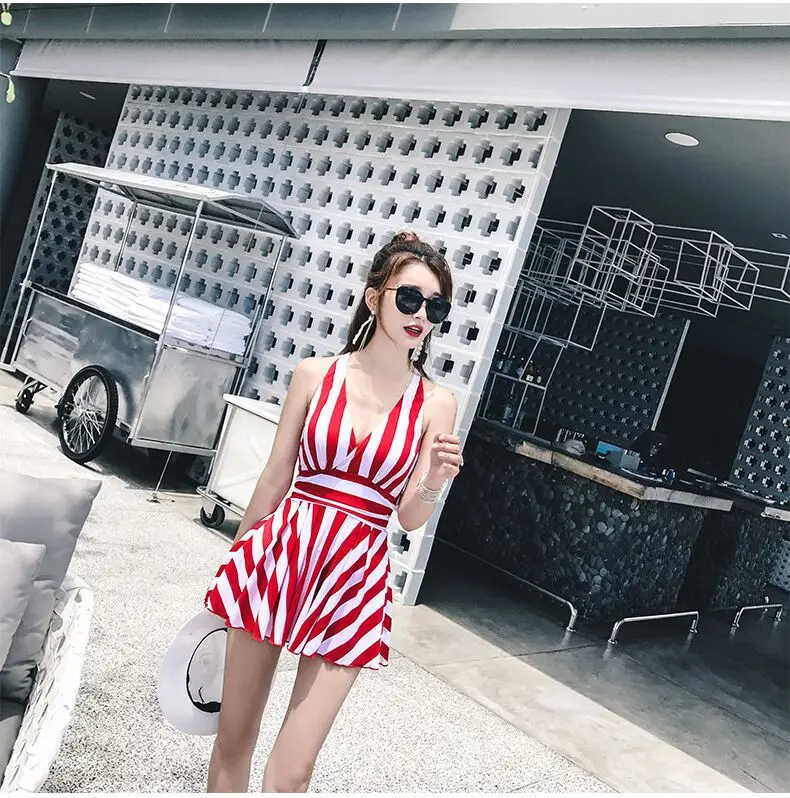 Женские красивые купальники платье женский купальник Цельный бикини в полоску