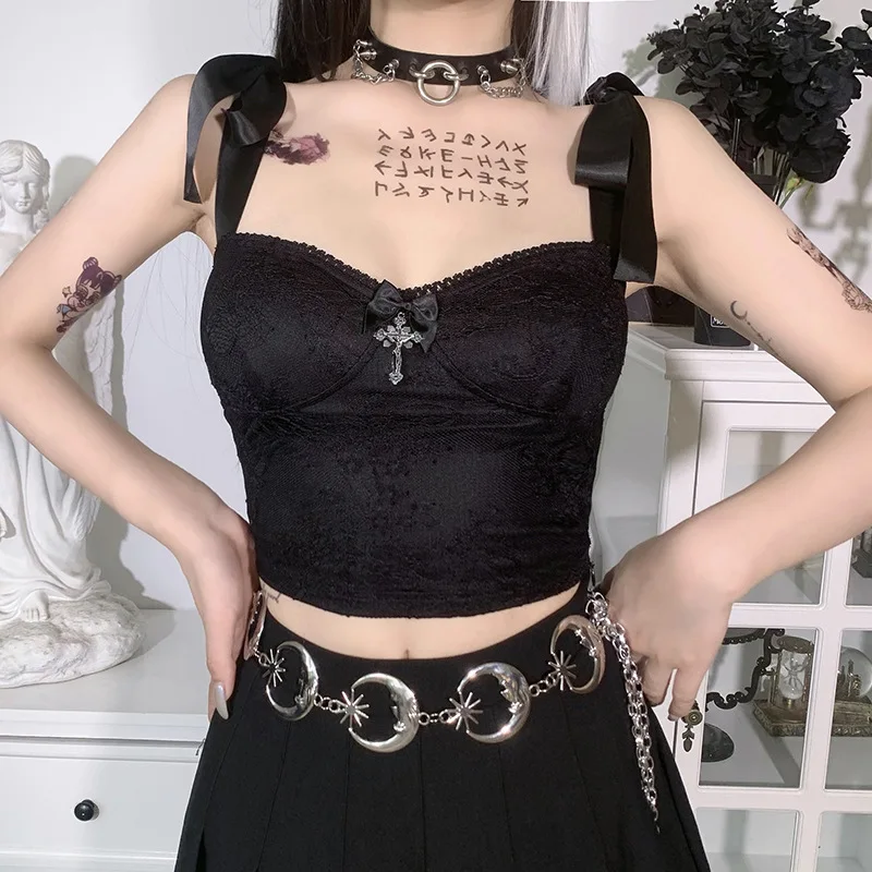 

Harajuku Black Camis Summer Punk Bow Lace Up Crop Top Y2K Gothic Sleeveless Patchwork Lace Tank Top