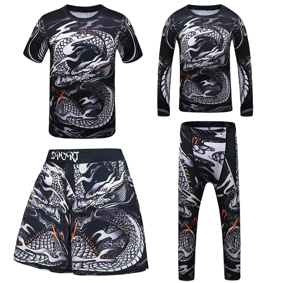 Фото Дети Bjj Рашгард джиу джитсу MMA футболка + брюки кикбоксинг наборы Мальчик Тренажерный зал Дети Муай Тай шорты ММА одежда компрессионные колг... №3