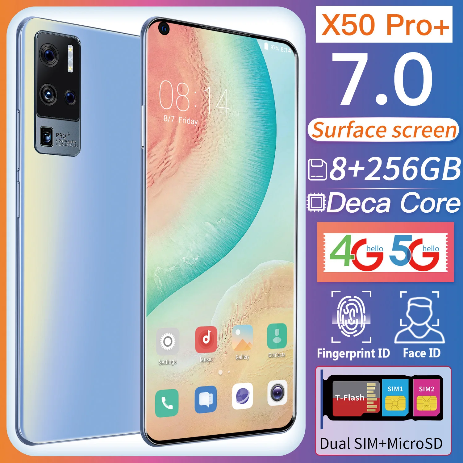 

Galay X50 Pro+ 7.0 Inch 12GB+512GB 24MP+48MP MTK6889 10 Core Smartphone 5G 5500MAH Android 10 Dual SIM+Micro SD Face Finger ID