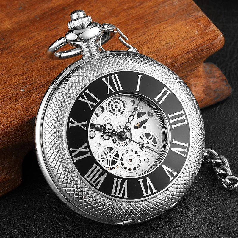 Pocketwatch Silver  Roman Numerals Antique Hand Wind Mechanical Pocket Watch Skeleton Steampunk Unique Gear Men Women