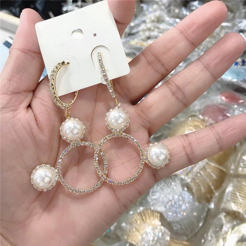 Корейский геометрической формы Круглый Круг стразы висячие серьги имитация