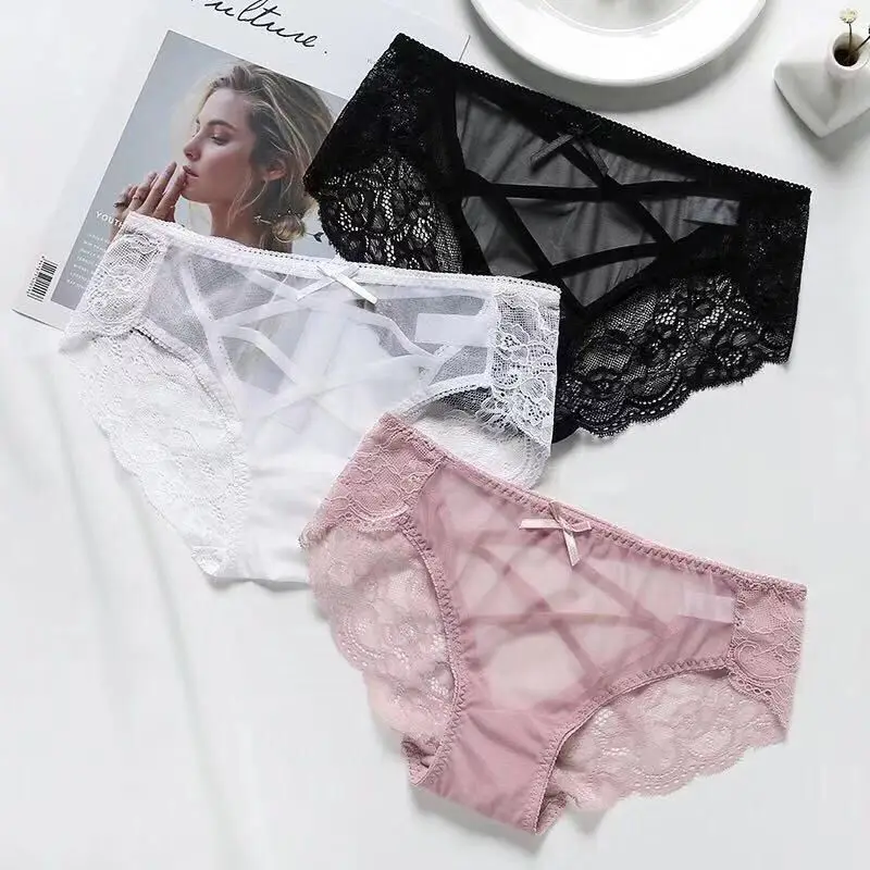 

Sexy lace underwear hollow transparent mesh crotch low waist thin ladies middle waist triangle trousers