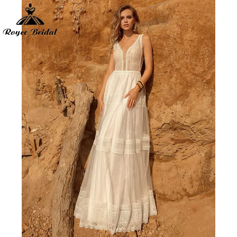 

Очаровательное богемное свадебное платье в стиле бохо с глубоким V-образным вырезом без рукавов кружевные свадебные платья до пола с открытой спиной платье невесты с V-образным вырезом 2022