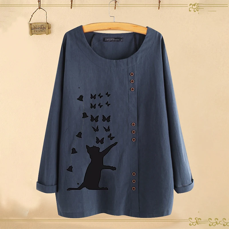 Style 2 Navy ZANZEA, осенняя блузка, Женская Повседневная рубашка с длинным рукавом, женские блузки с цветочным принтом, Женские винтажные топы с принтом, хлопковые льняные блузки - Цвет: Style 2 Navy