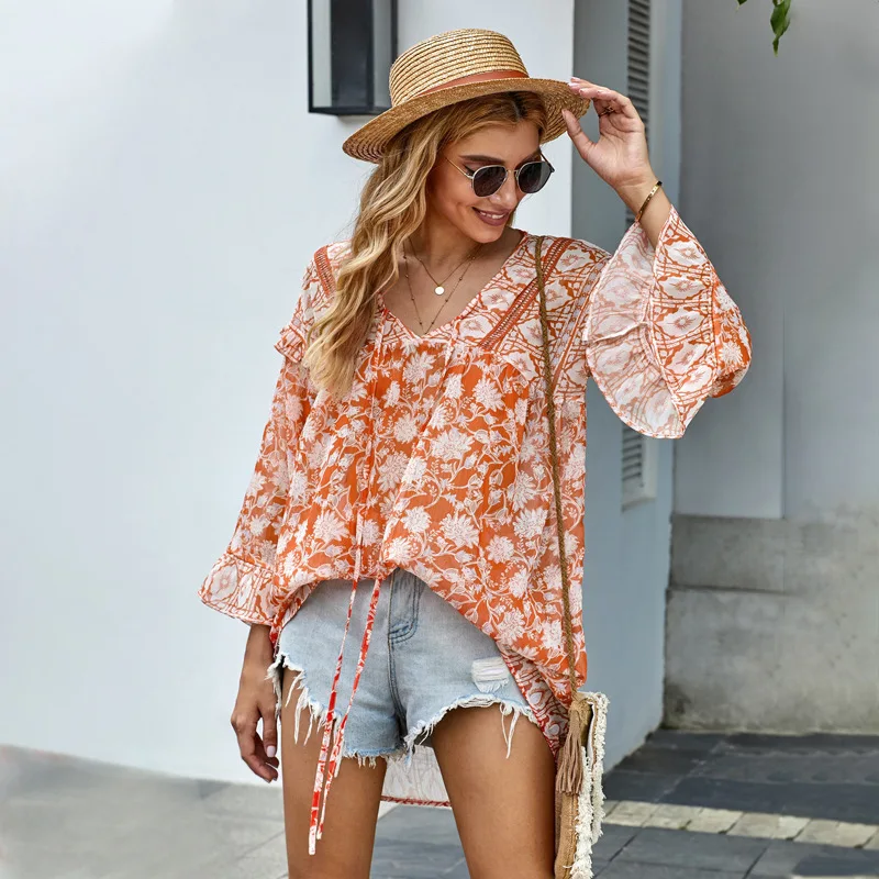 

Broken Flower Chiffon Shirt Spring and Summer New Bohemian Style Butterfly Leaf Edge V-neck Trumpet Sleeve Blouse Women