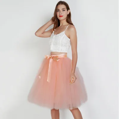 peach Новая мода, 6 слоев, 65 см, Тюлевая юбка, женская, черная, серая, белая, для взрослых, Тюлевая юбка, эластичная, высокая талия, плиссированная, миди юбка, одежда - Цвет: peach