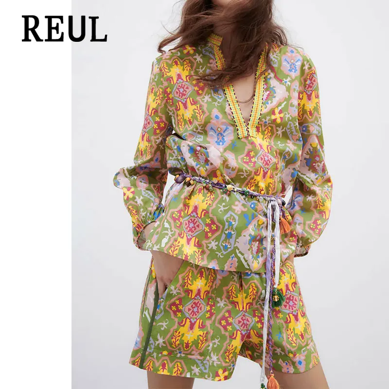 

REUL 2021 Za Women Fashion Patchwork Flowers Print Set Blouses Vintage Y2k Long Sleeve Side Vents Female Set Shirts Chic Tops