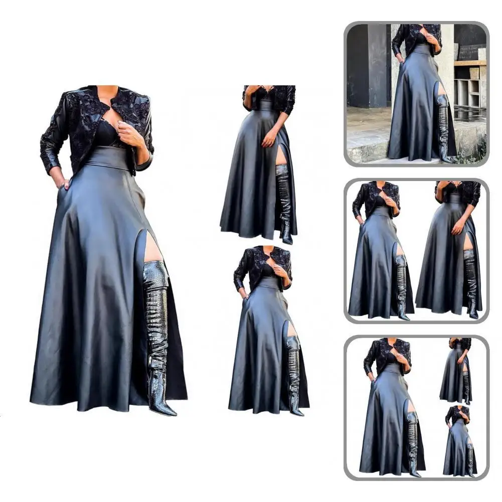 

Stylish Beautiful Side Slit Faux Leather Maxi Skirts Soft Long Skirt Pure Color for Daily Wear