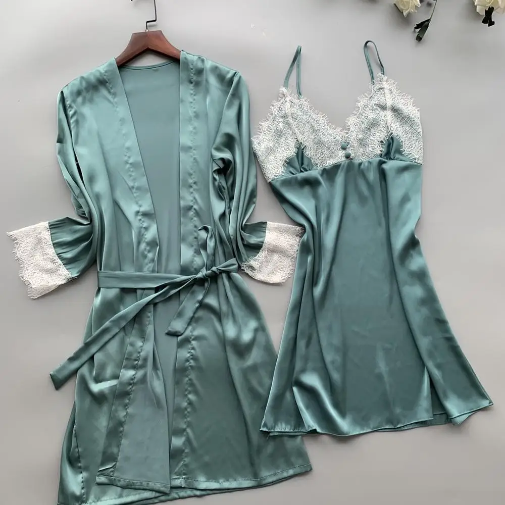 Женская Летняя Сексуальная кружевная сорочка и халат костюм двойка Корейская