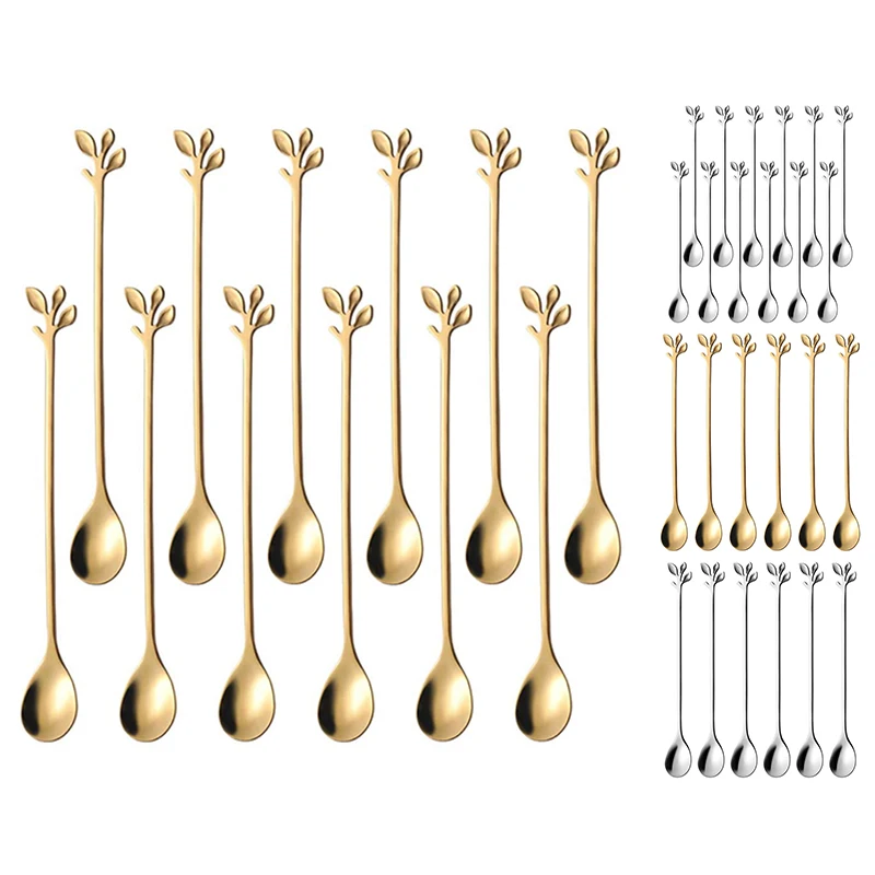 

Long Handle Iced Tea Spoons Set Ice Cream Spoon Creative Gold Leaf Cocktail Stirring Spoons Mirror Finis