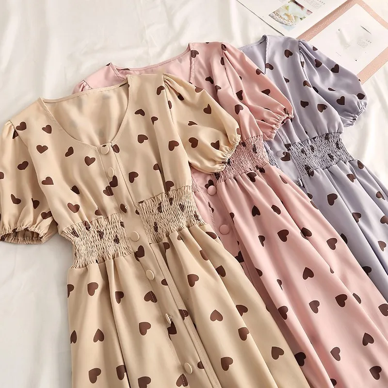 Женское винтажное платье трапециевидной формы с принтом в виде сердца длинное v