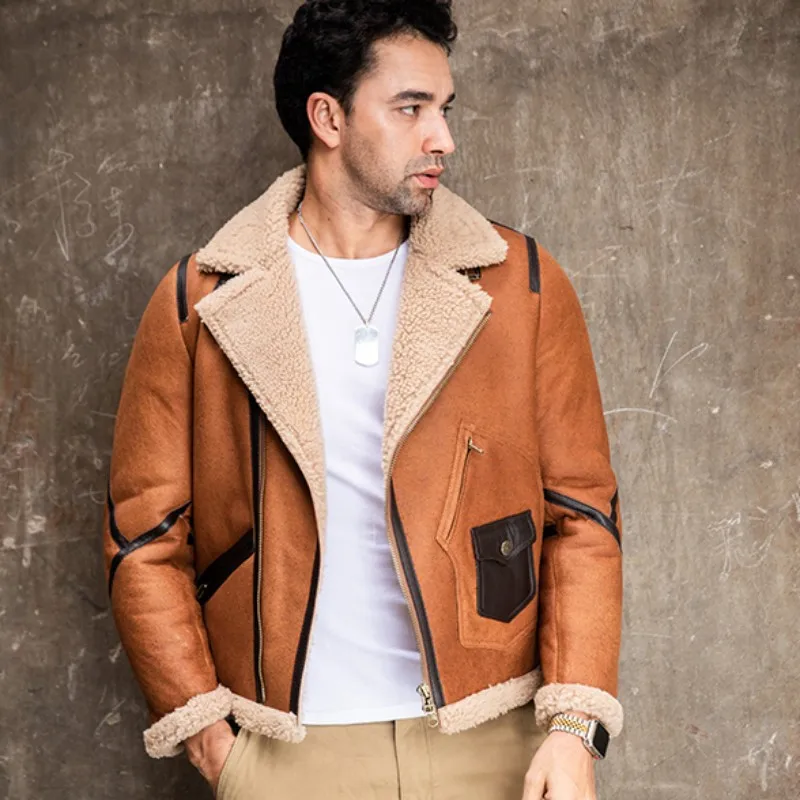 Мужская зимняя куртка-пилот из натуральной кожи с шерстяной подкладкой