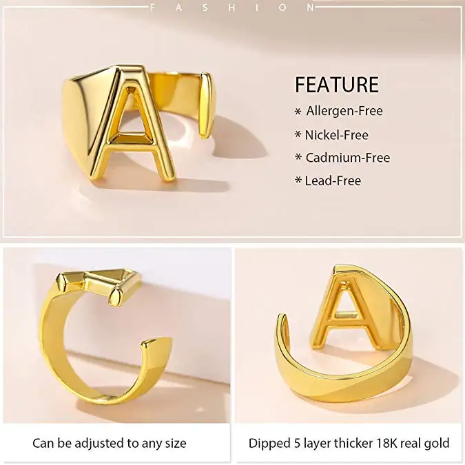 

Cute Female A-Z Letter Metal Ring Charm Gold Color Adjustable Engagement Ring Fashion Opening Wedding Rings For Women