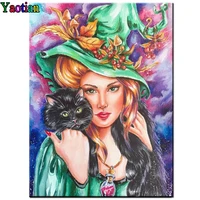 green hat woman black cat 5d diy diamond painting full square round drill picture of rhinestone painting mosaic full embroidery