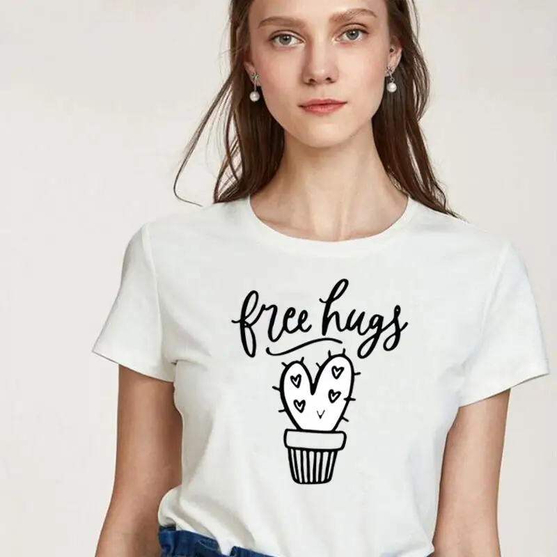 

Футболка женская хлопковая с коротким рукавом, смешной топ с изображением кактуса и обнимашек в горшке, Повседневная рубашка в стиле Харадз...