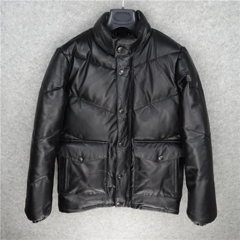 

Winter of lambskin men down jacket single collar warm breasted men's jacket casual rider loose leather jacket adjustment