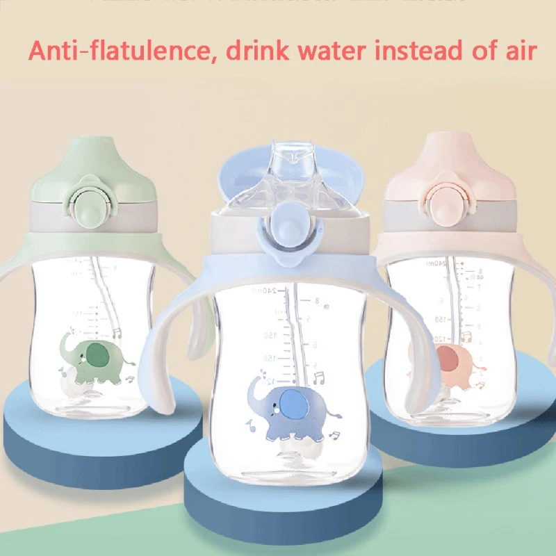

240ML Kids Cartoon Wide Caliber Duckbill Cup Baby Learning Drinking Cup With Handle Kids Bottle
