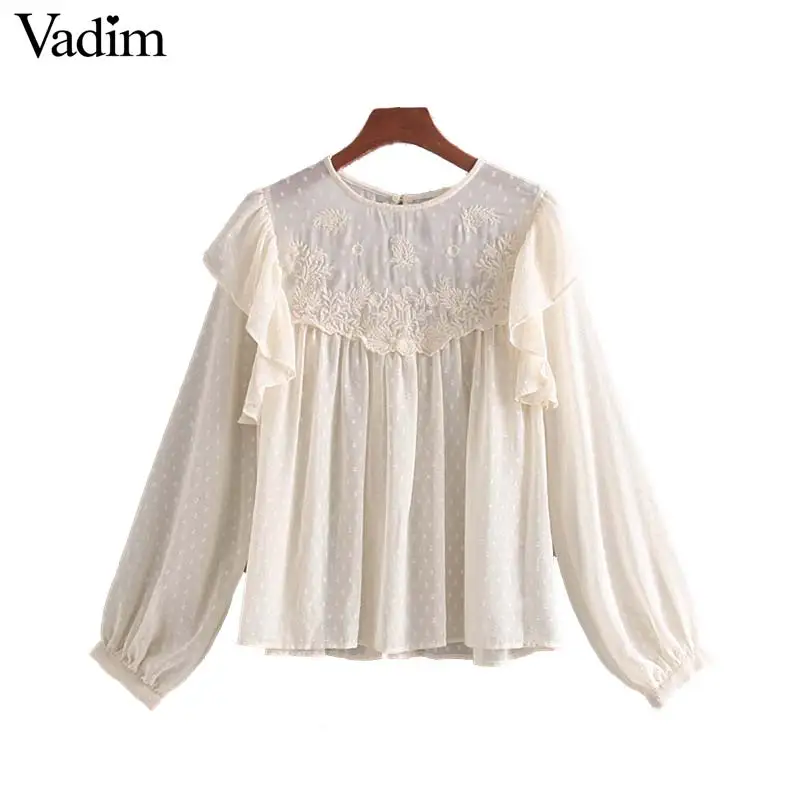 Vadim women casual embroidery beige blouse ruffles pleated long sleeve oversized style female stylish tops blusas mujer LB441
